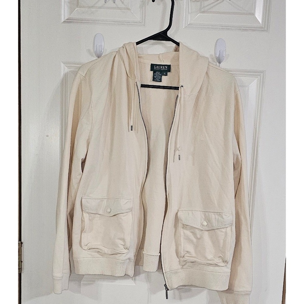 Lauren Ralph Lauren Womens Cream Full Zip‎ Hoodie LRL Monogram Sweatshirt L